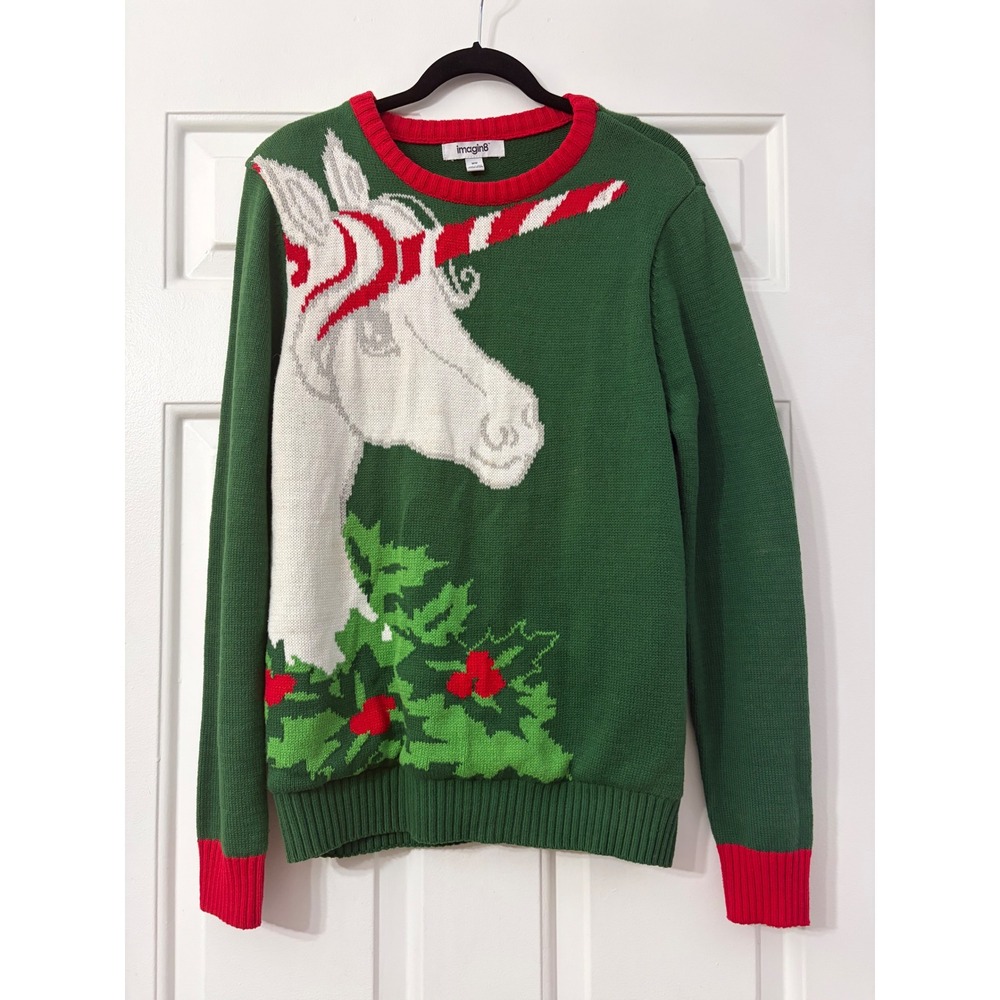 imagin8 | Unicorn Candy Cane light up Ugly Christmas Sweater | Medium || Green|